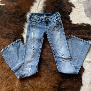 Silver destructed flare jeans size 24